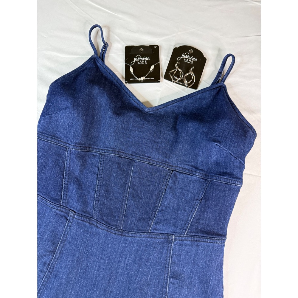Iris Denim Bodycon Mini Dress Dark Wash Corset Seam Blue Large Jewelry Bundle
